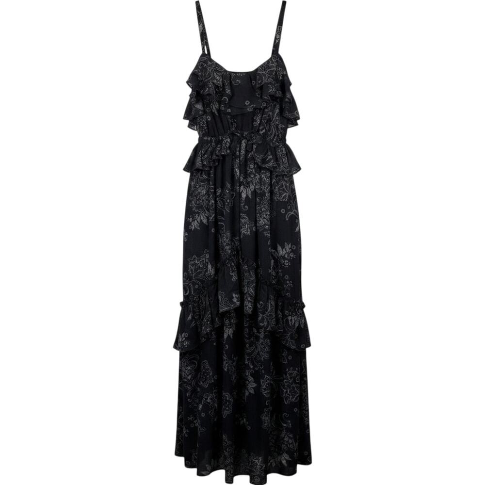 Festi (Torrid) Black and grey paisley print maxi dress with tiered ruffle skirt,